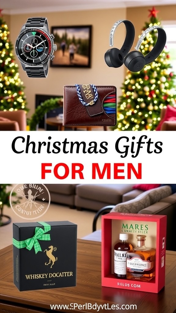 A collection of Christmas gifts for men including tech gadgets and stylish accessories, set in a festive living room.